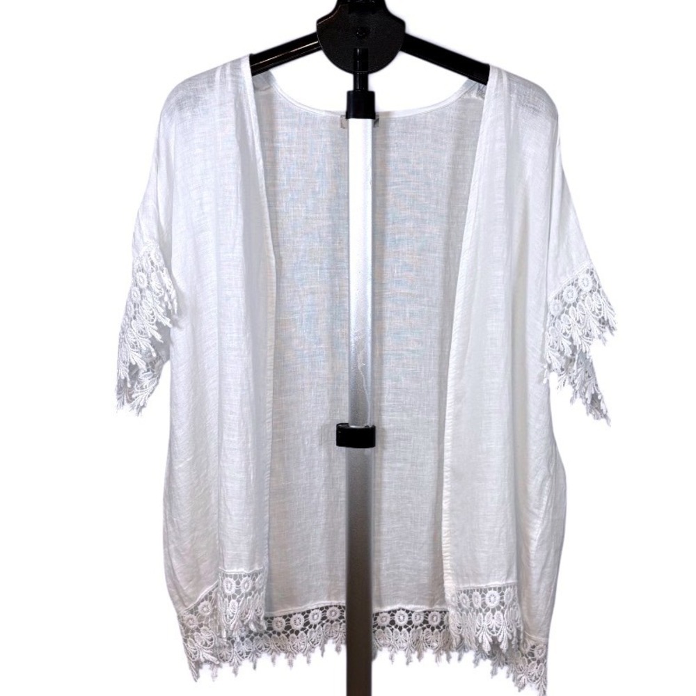 Bellambra White 100% Linen Lace Trim Open Front Cardigan Made in Italy OS